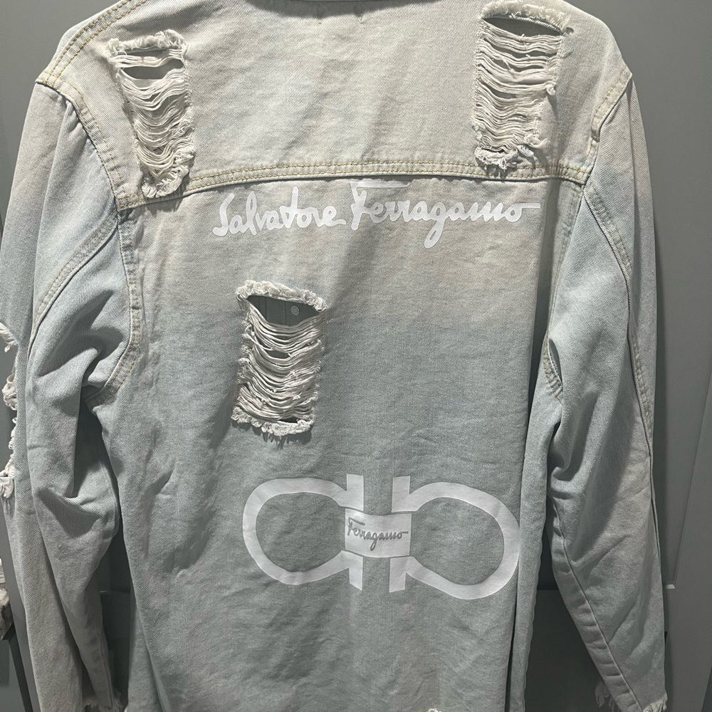 Daisy long distressed denim Jean jacket sz L NWOT not designer ferragamo